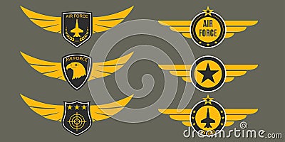 Air Force logo with wings, shields and stars. Military badges. Army patches. Vector illustration Vector Illustration